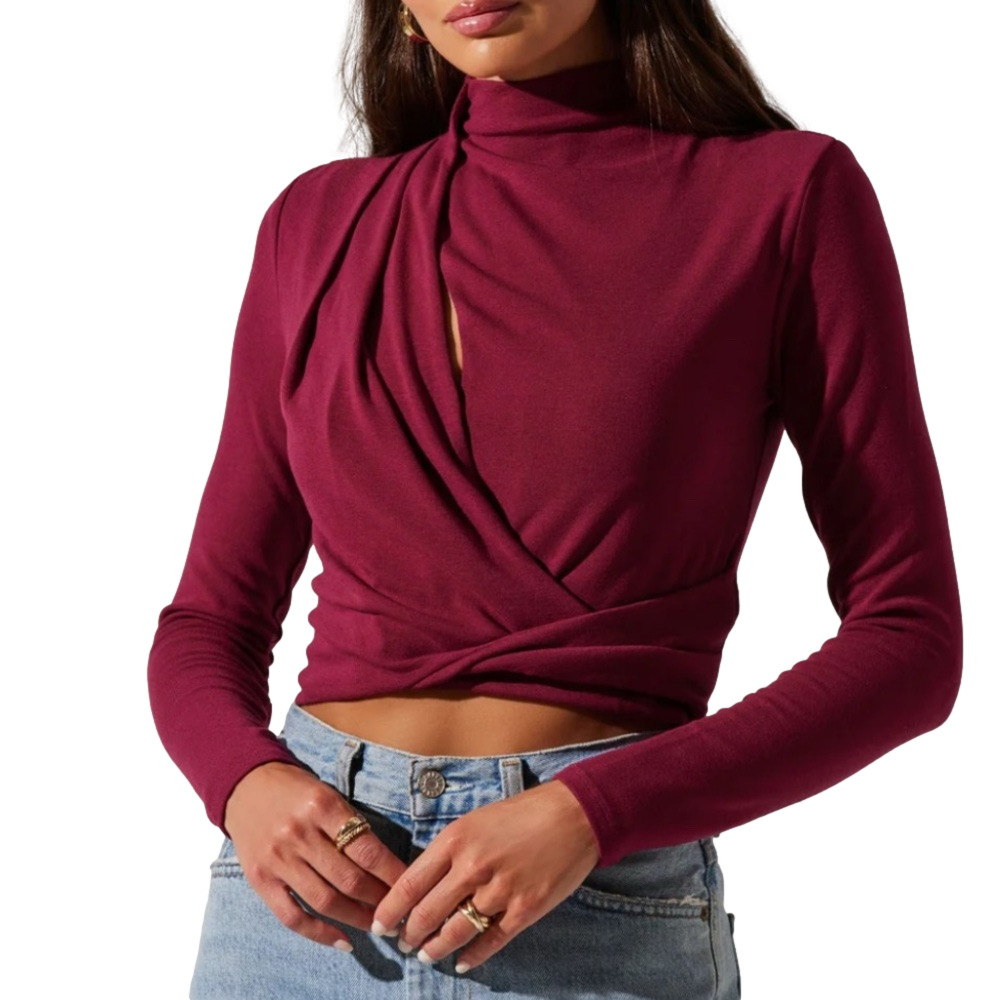 ASTR THE LABEL Womens Asymmetrical pleated cutout long sleeve mock neck crop top